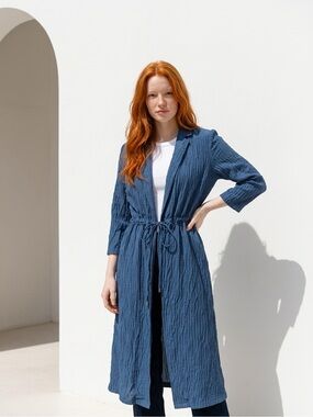 Blue Textured Tie-Waist Duster Coat